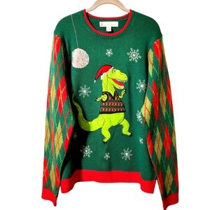 Ugly Christmas Sweater Argyle Sleeve Dinosaur in Snow Scene Sweater | Size Large